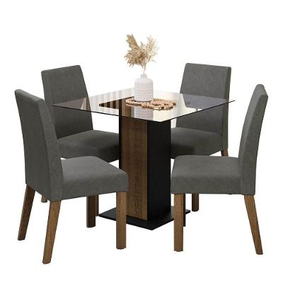 Conjunto Sala de Jantar Ivy 4 Lugares Mesa com Tampo de Vidro Rustic Preto Silver 80x80