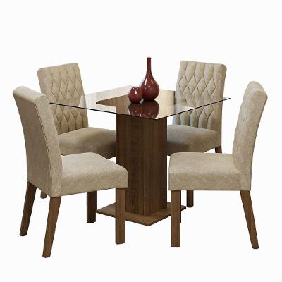 Conjunto de Jantar Noemi 4 Lugares Tampo de Vidro com Cadeiras Estofadas Suede Marrom