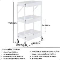 Carrinho Multiuso Organizador Dobrável Com 3 Prateleiras - Branco