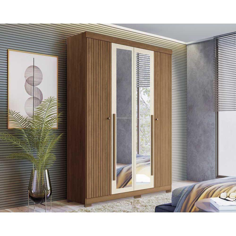 Guarda Roupa Solteiro 4 Portas e 2 Gavetas c/ Espelho e Pés Buriti jatoba/Areia - Santos Andirá - 1