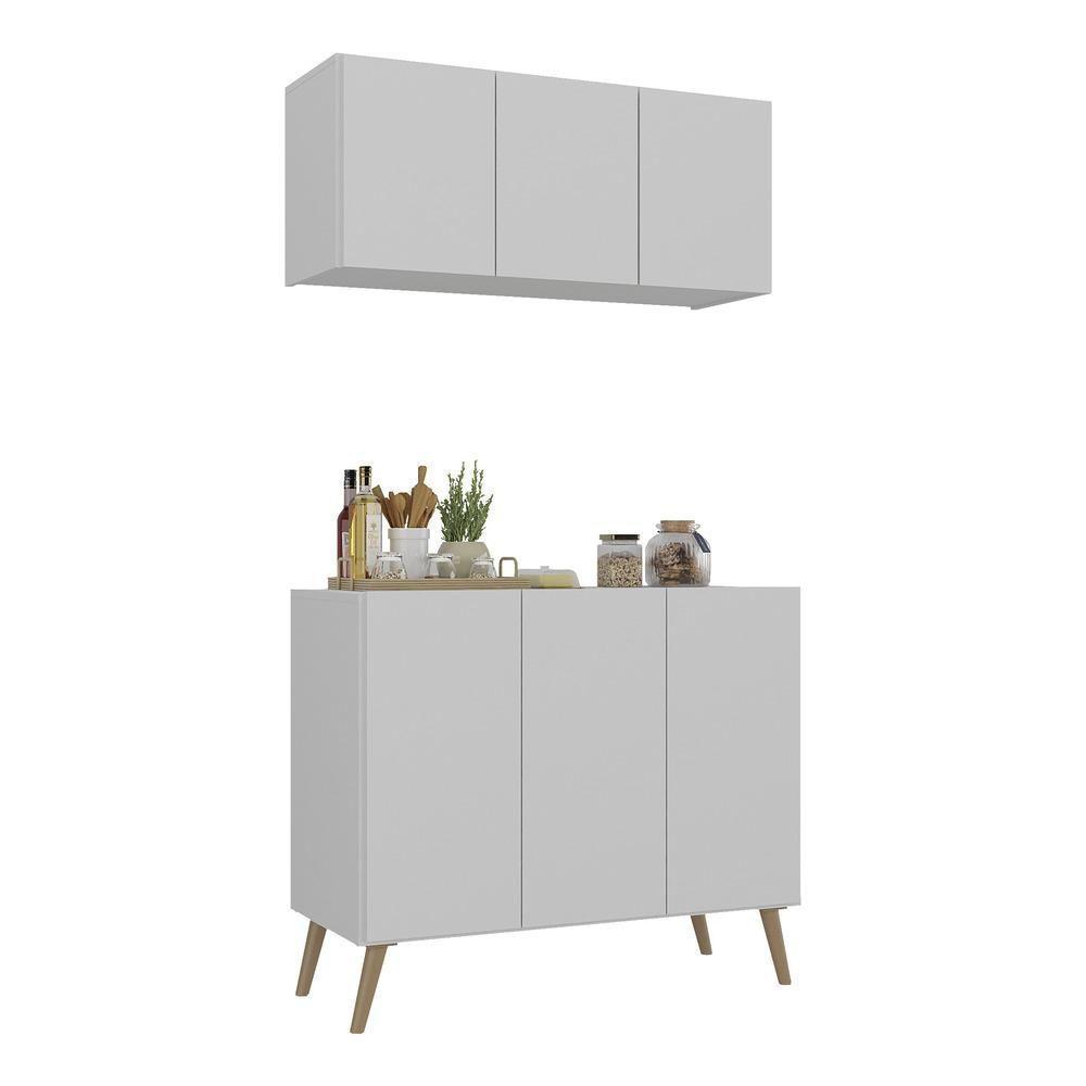 Kit Armário De Cozinha Aéreo E Balcão 3 Portas Retrô Multimóveis Mp2168 Branco/natural - 1