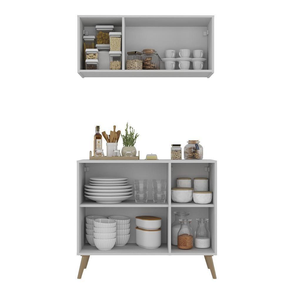 Kit Armário De Cozinha Aéreo E Balcão 3 Portas Retrô Multimóveis Mp2168 Branco/natural - 3