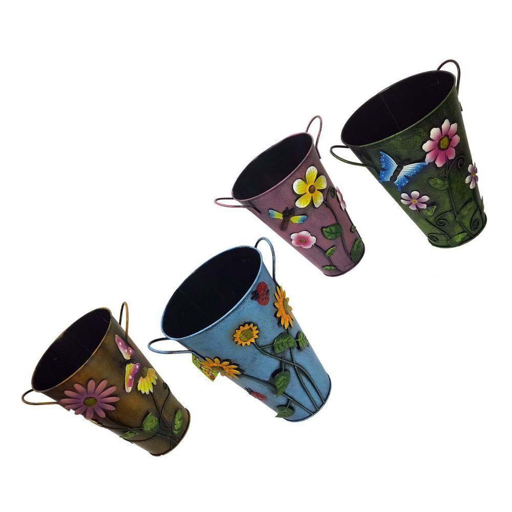 Balde Vaso Metal Enfeite Com Alça Jardim Quintal Varanda Flor Libelula Rosa (balde-26) - 2