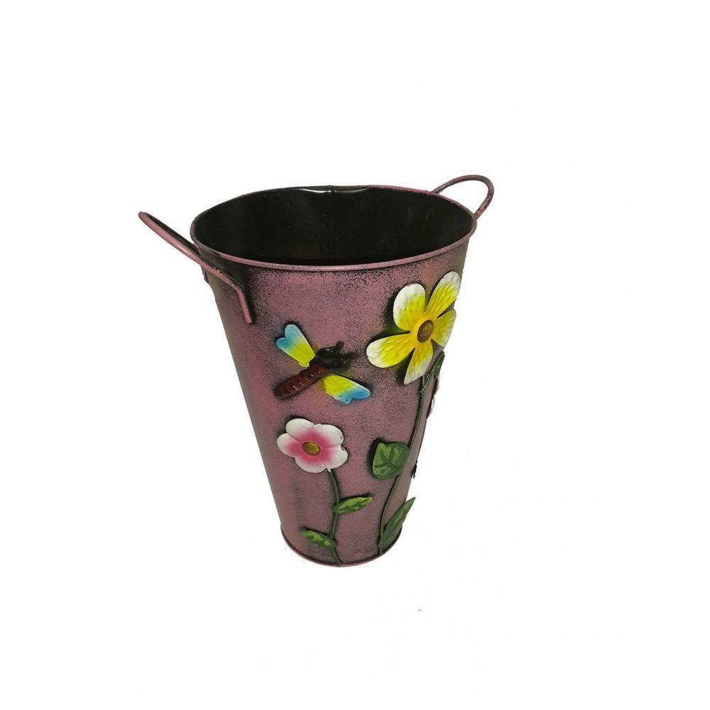Balde Vaso Metal Enfeite Com Alça Jardim Quintal Varanda Flor Libelula Rosa (balde-26) - 3