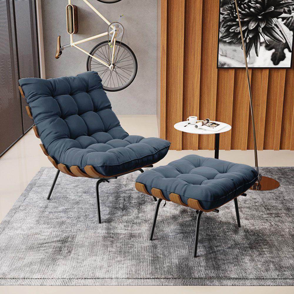 Kit 02 Puffs Costela Suede Base Metálica Preto Azul Marinho - 8