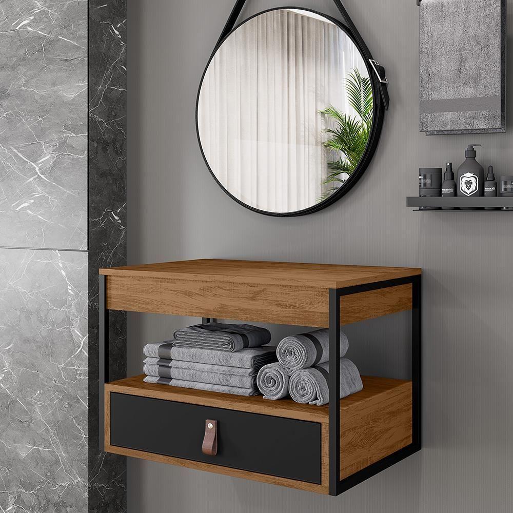 Gabinete Para Banheiro Harley Com 1 Gaveta Preto-canela-preto Preto-canela-preto - 2