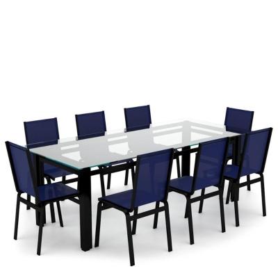 Sala Jantar Retangular 8 Lugares Alumínio Preto Tela Azul