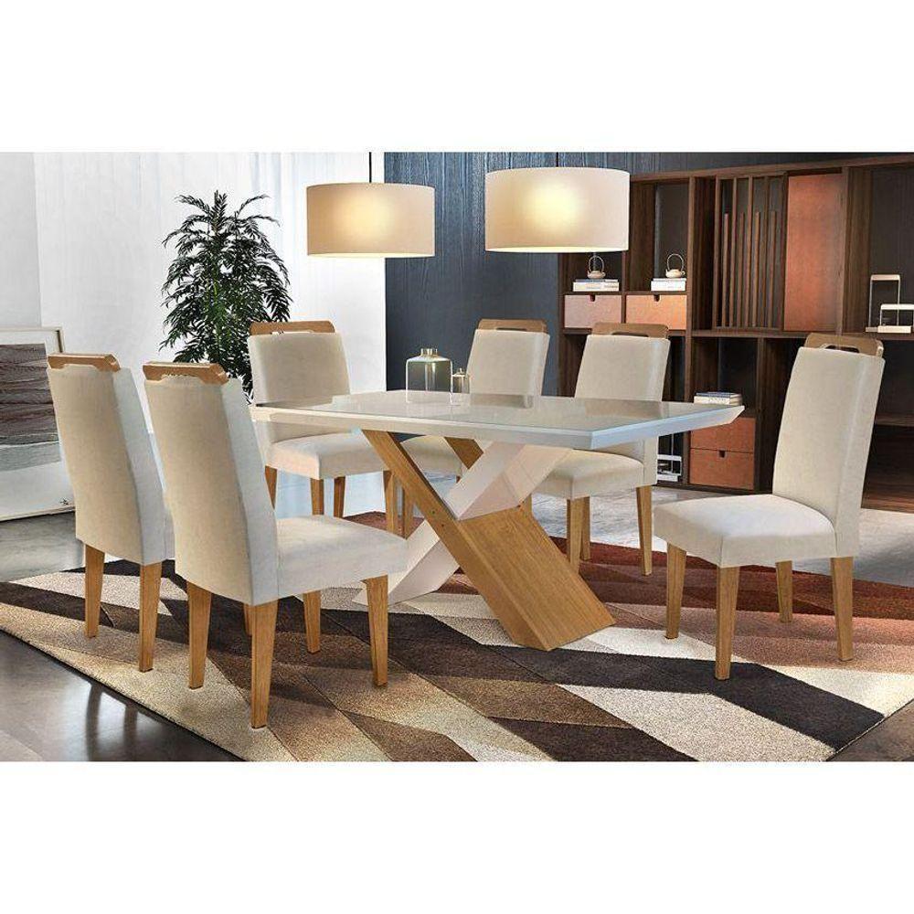 Sala De Jantar Completa Tampo Madeirado C/ Vidro Canto Reto 6 Cadeiras Athenas Imbuia/Veludo Creme - 1