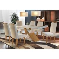 Sala De Jantar Completa Tampo Madeirado C/ Vidro Canto Reto 6 Cadeiras Athenas Imbuia/Veludo Creme - 1