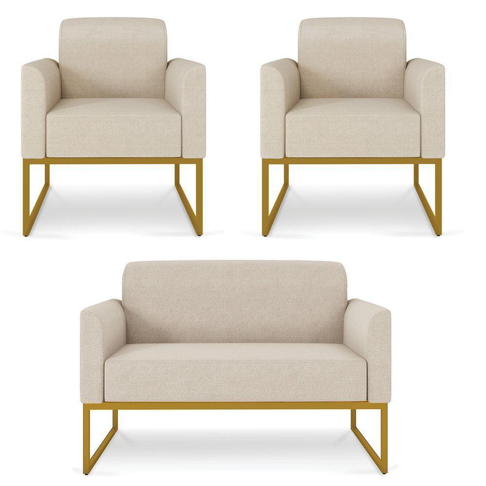 Kit 01 Namoradeira 02 Lugares E 02 Poltronas Marisa Linho Base Industrial Metálica Dourado - D'rossi Cor A27 Areia - 1