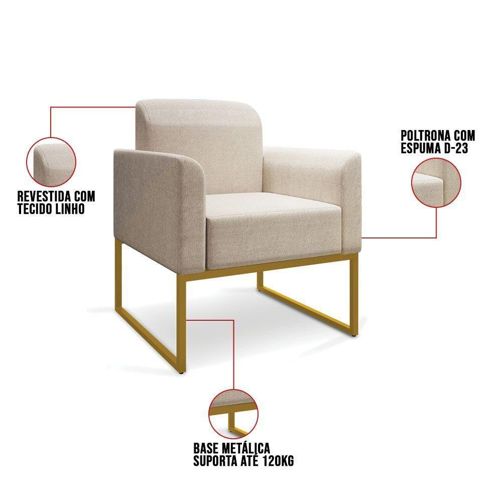 Kit 01 Namoradeira 02 Lugares E 02 Poltronas Marisa Linho Base Industrial Metálica Dourado - D'rossi Cor A27 Areia - 3
