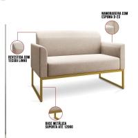 Kit 01 Namoradeira 02 Lugares E 02 Poltronas Marisa Linho Base Industrial Metálica Dourado - D'rossi Cor A27 Areia