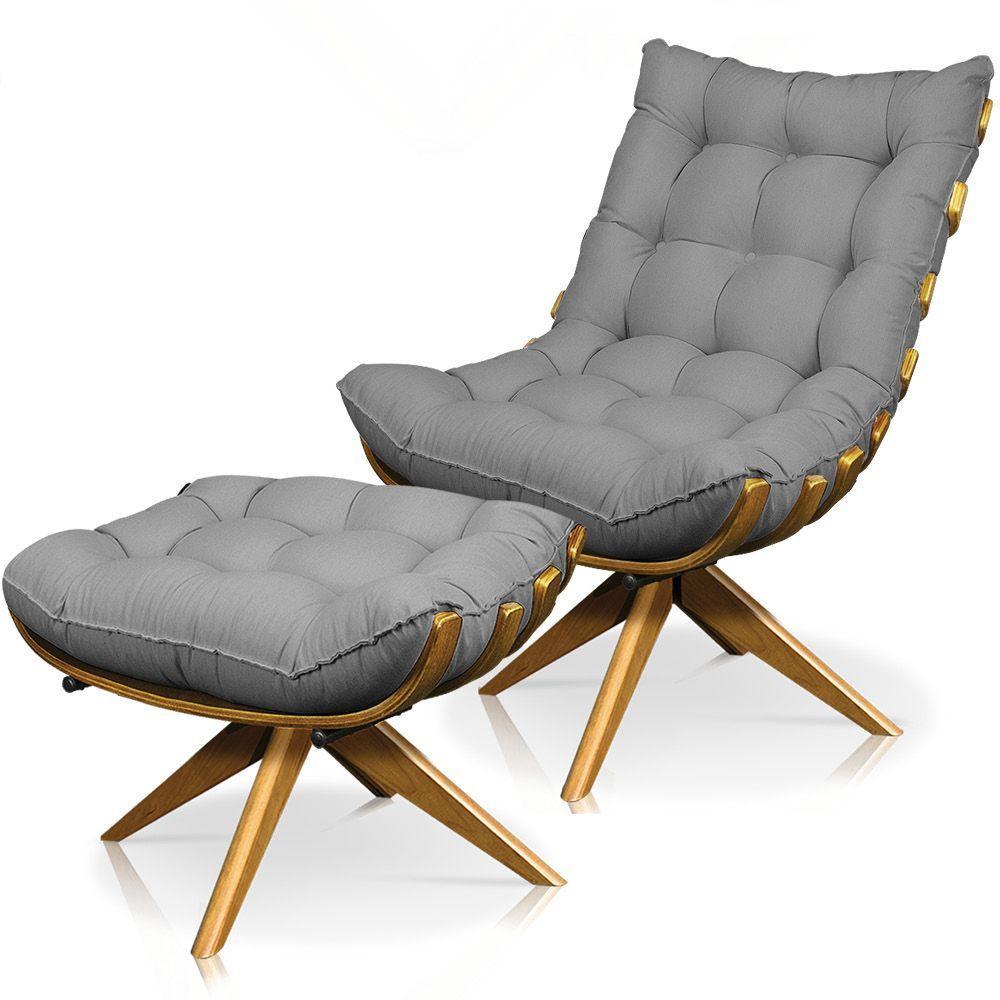 Kit Poltrona Costela Com Puff Giratória Linho Grafite - 1