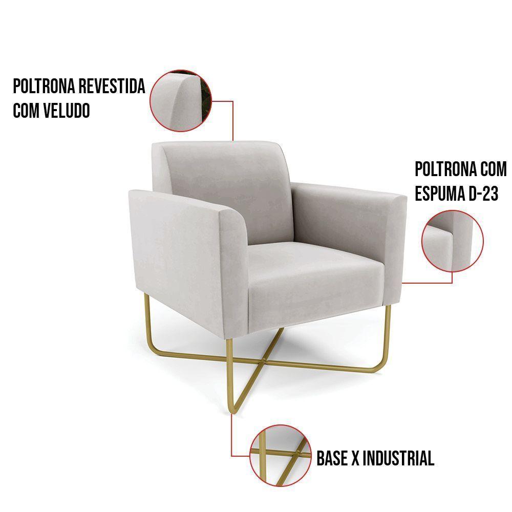 Poltrona Base X Industrial Dourado Marisa Veludo D03 - D\'rossi Cor Cinza - 2
