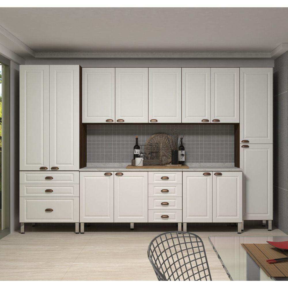 Armário De Cozinha Completa 6 Peças Com Tampo Safira Luciane Móveis Nogueira-branco Pet-mármore - 1