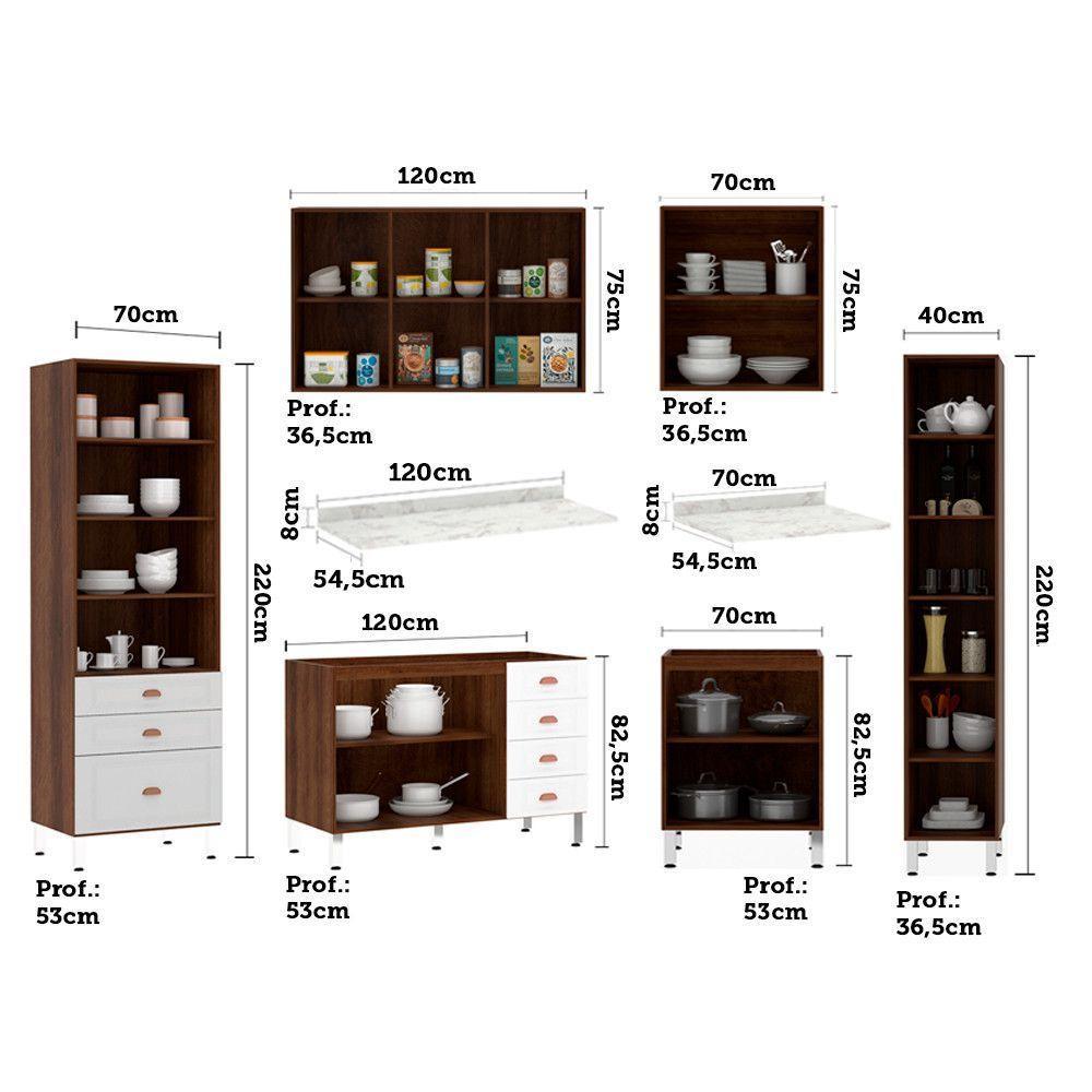 Armário De Cozinha Completa 6 Peças Com Tampo Safira Luciane Móveis Nogueira-branco Pet-mármore - 2