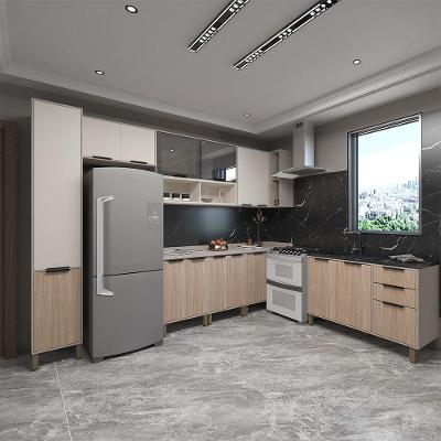 Cozinha Completa 8 Peças com Vidro Reflecta Tampos e Sem Pia Luciane Móveis Cinammon Beige cumaru