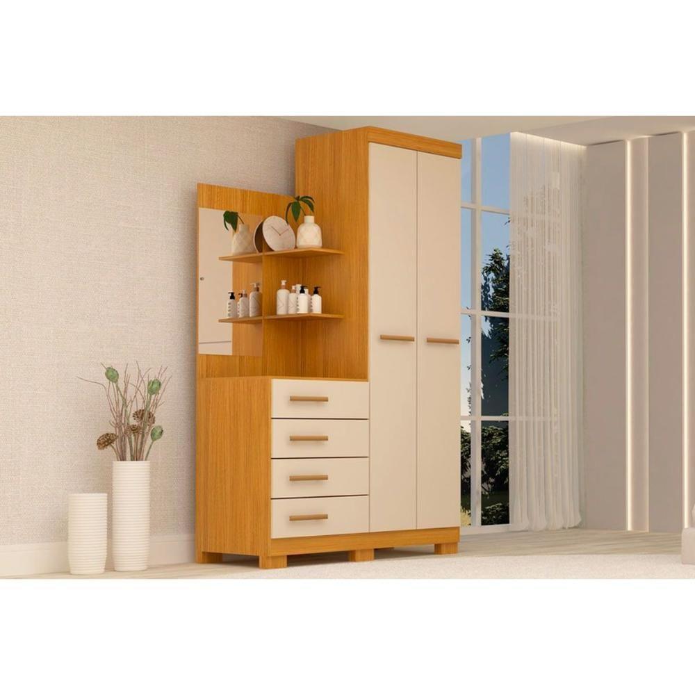 Guarda Roupa Solteiro 2 Portas e 4 Gavetas c/ Espelho Melissa Nature/Off White - ACP - 1