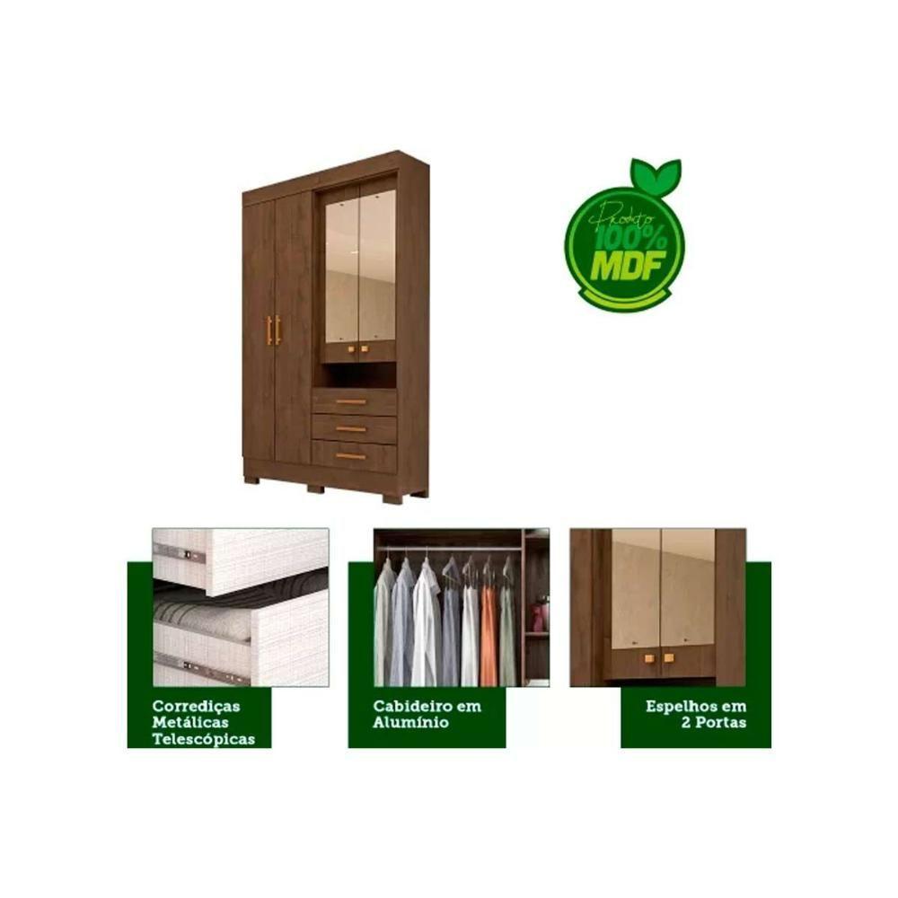 Guarda Roupa Solteiro 4 Portas e 3 Gavetas c/ Espelho Débora Nature/Off White - ACP - 6