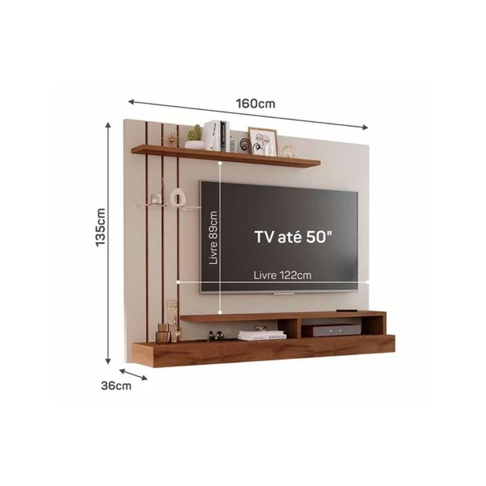 Painel Home p/TV até 50 Polegadas Valência Plus c/ Prateleira e Nichos 160x135cm Cinamomo/Off White - Permóbili - 5