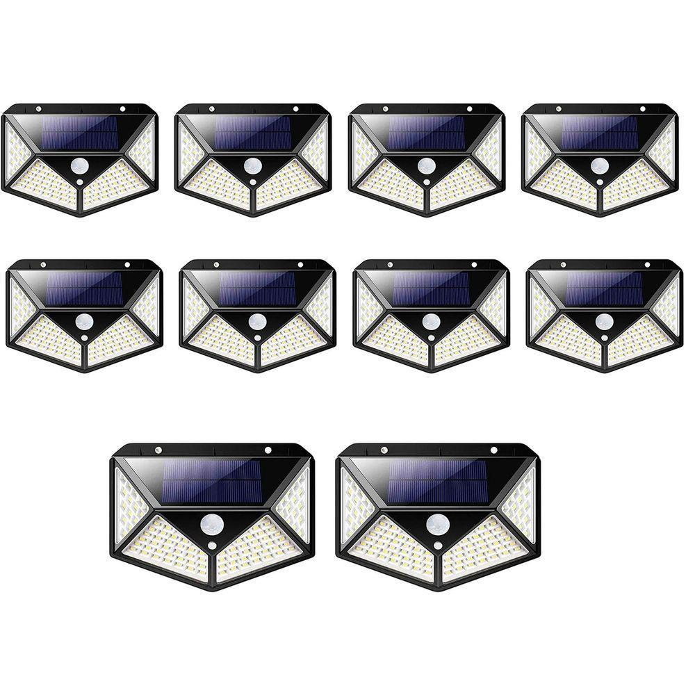 Luminaria Solar Arandela Kit 10 Uni 100 Leds Iluminaçao Rua Casa Parede Segurança - 1