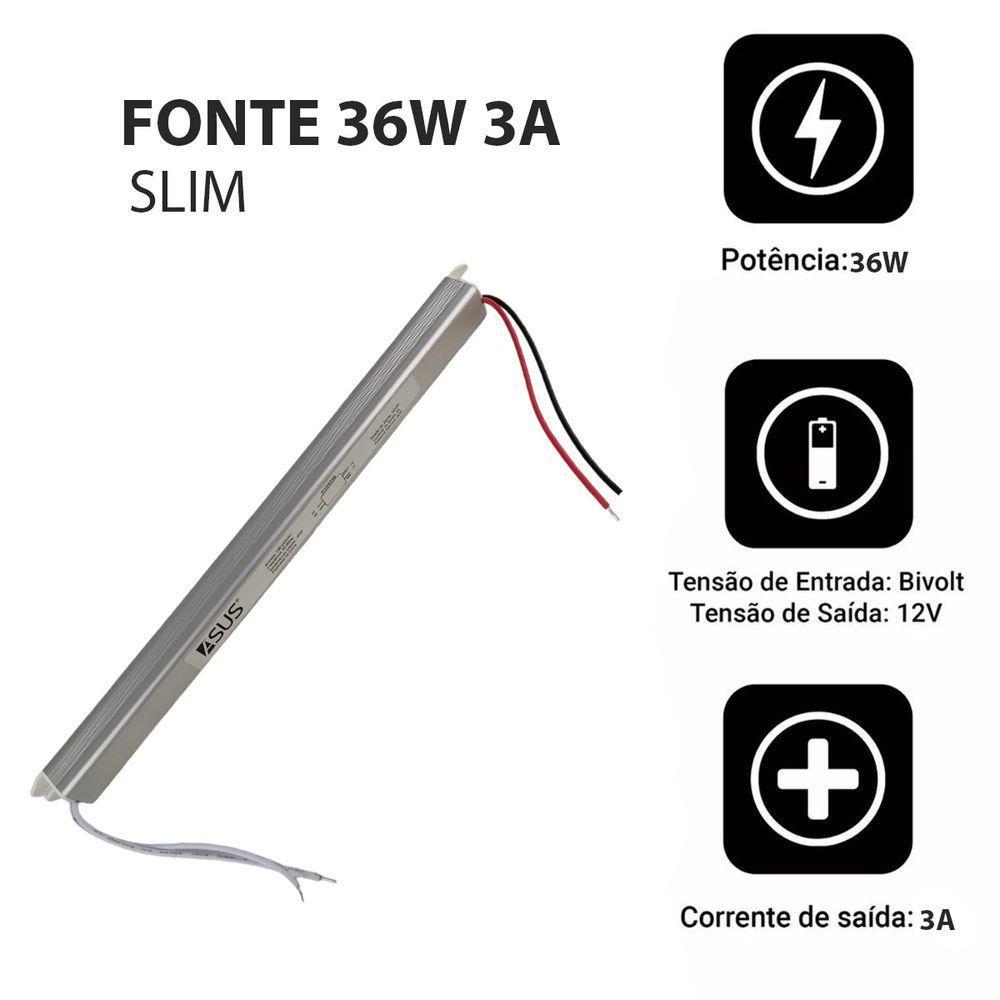 Fonte Slim Drive 36w 12v 3a Perfil Fita Led Bivolt Lustre Luminaria Ip20 - 3