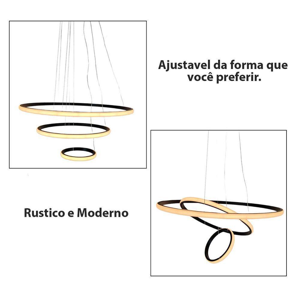 Lustre Pendente Luminaria Moderna Led 3 Aneis Luxo Arcos 48w Rustico Bivolt Regulavel Perfil - 9