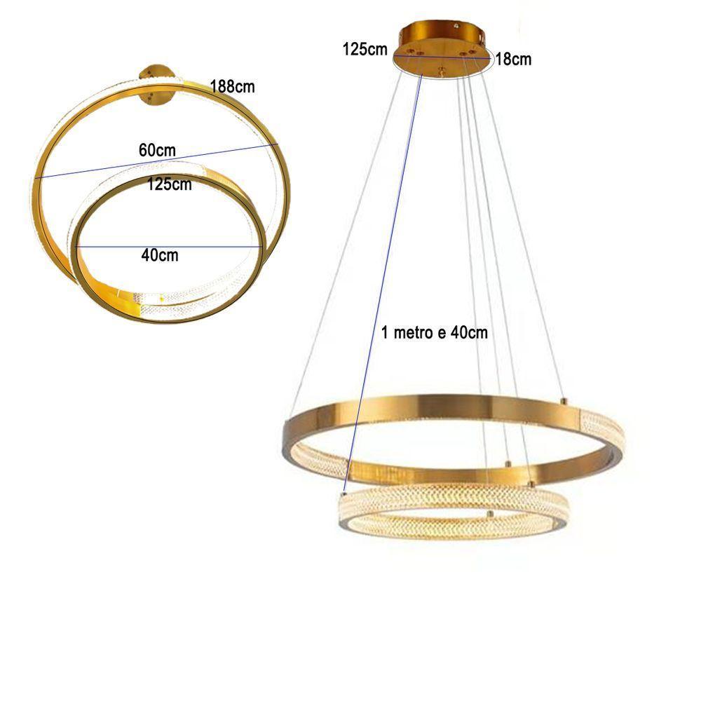 Luminaria Pendente Lustre Arco 2 Aneis Dourado Cristal Led 52w Moderno Sala De Estar Casa Recepçao - 2