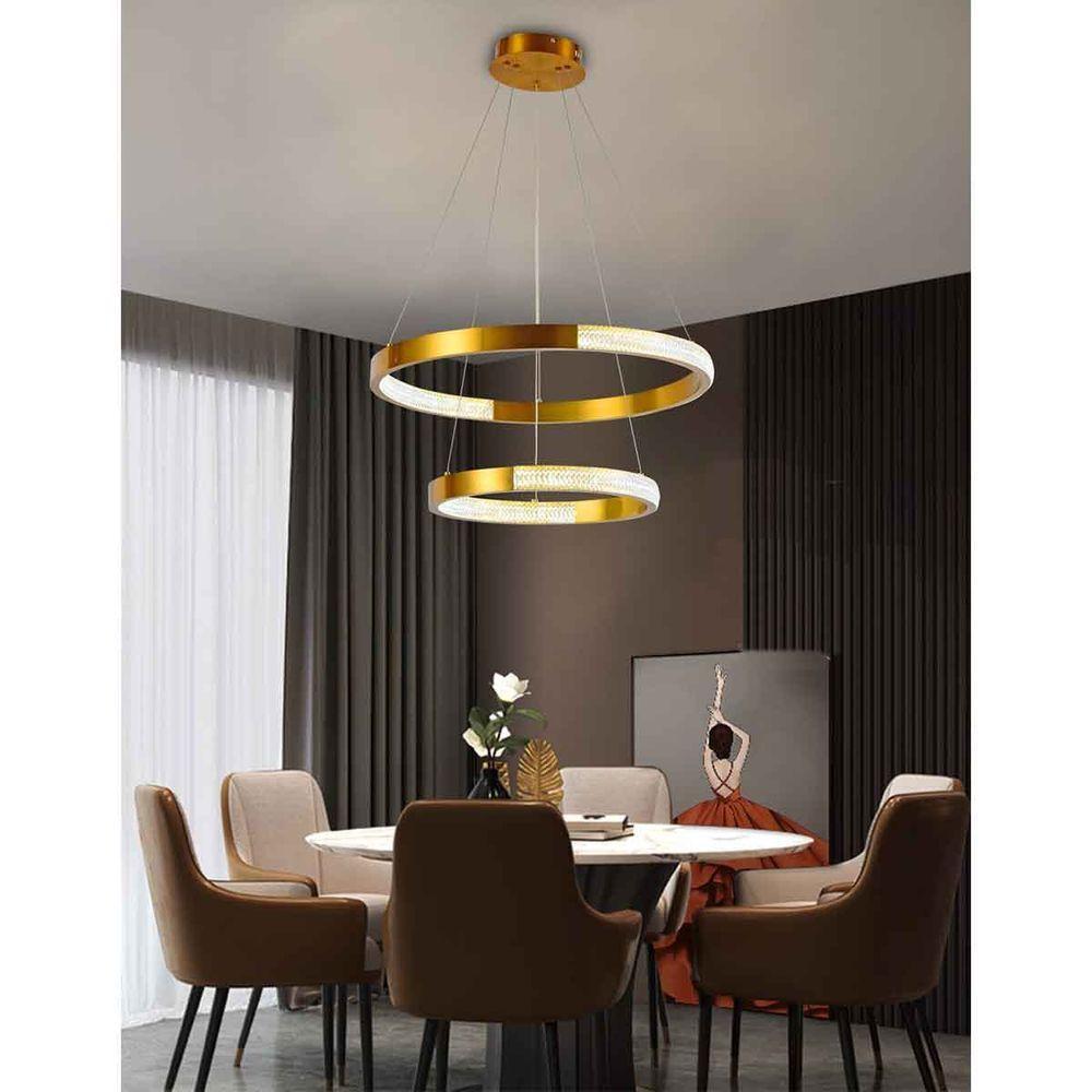 Luminaria Pendente Lustre Arco 2 Aneis Dourado Cristal Led 52w Moderno Sala De Estar Casa Recepçao - 6