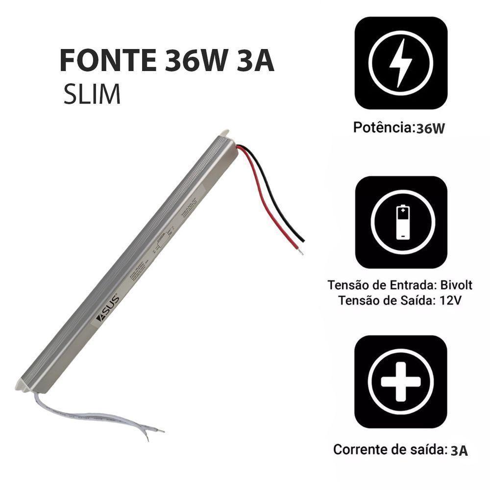 Fonte Slim 36w Potente Bivolt Drive 12v 3a Perfil Fita Led Ip20 Lustre Luminaria Eficiente - 4