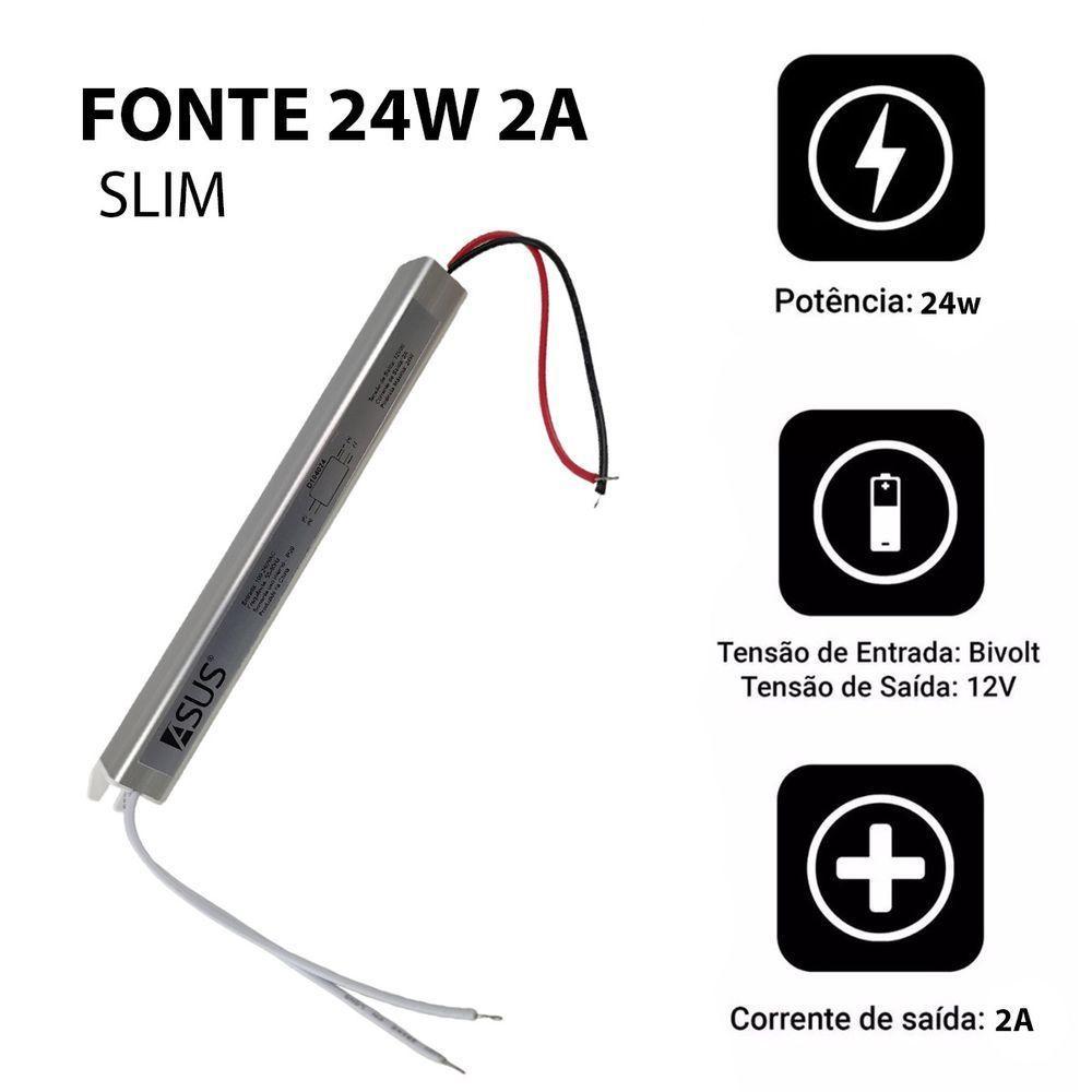 Fonte Slim Drive 24w 12v Bivolt 2a Perfil Fita Led Ip20 Lustre Luminaria - 2