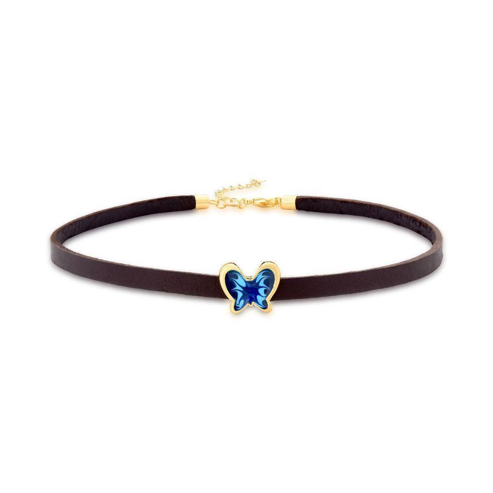 Choker Em Couro Com Borboleta-azul Revestida Em Ouro - 1