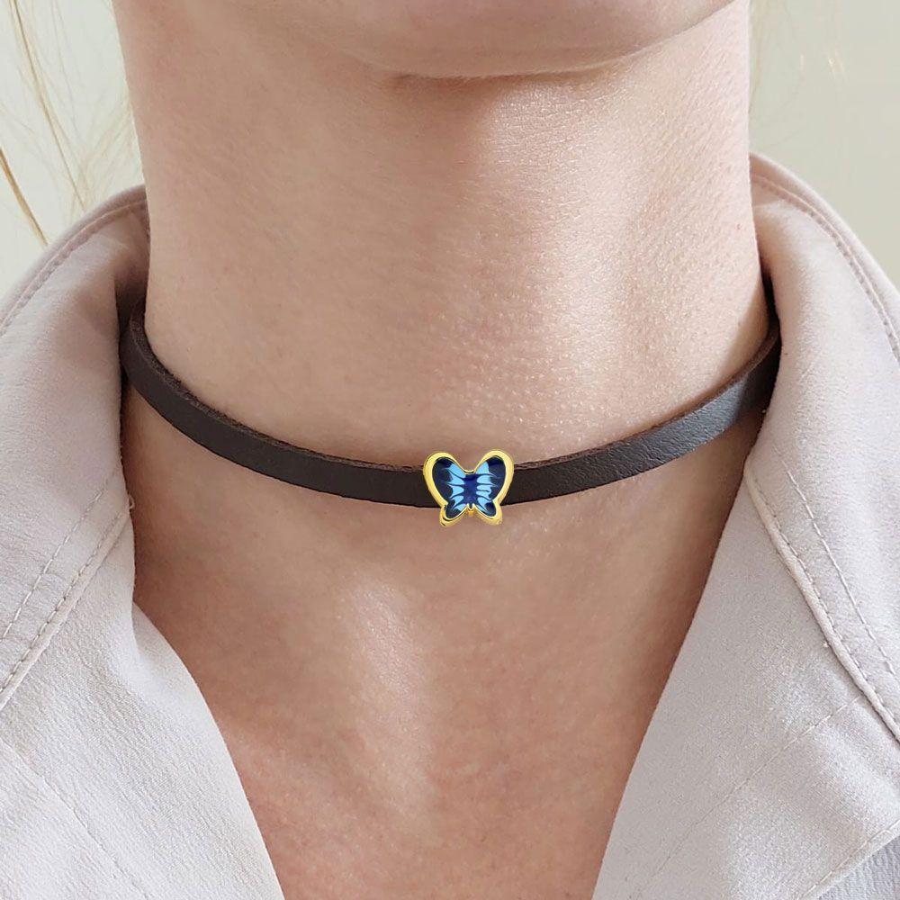 Choker Em Couro Com Borboleta-azul Revestida Em Ouro - 2