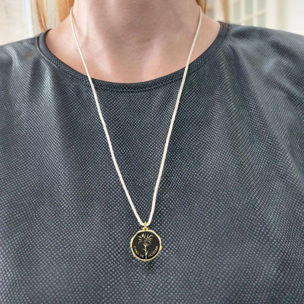 Cordão De Algodão Com Medalha Cana De Açúcar Revestida Em Ouro Cor Preto - 1