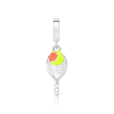 Charm Raquete De Tennis Com Bolinha Esmaltada Revestido Em Prata