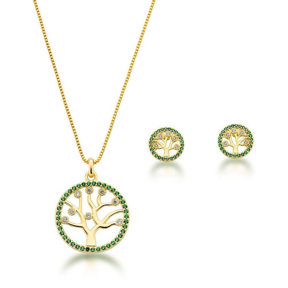 Conjunto Colar E Brincos Arvore Da Vida Verde Banhada A Ouro 18k - 45cm - 1