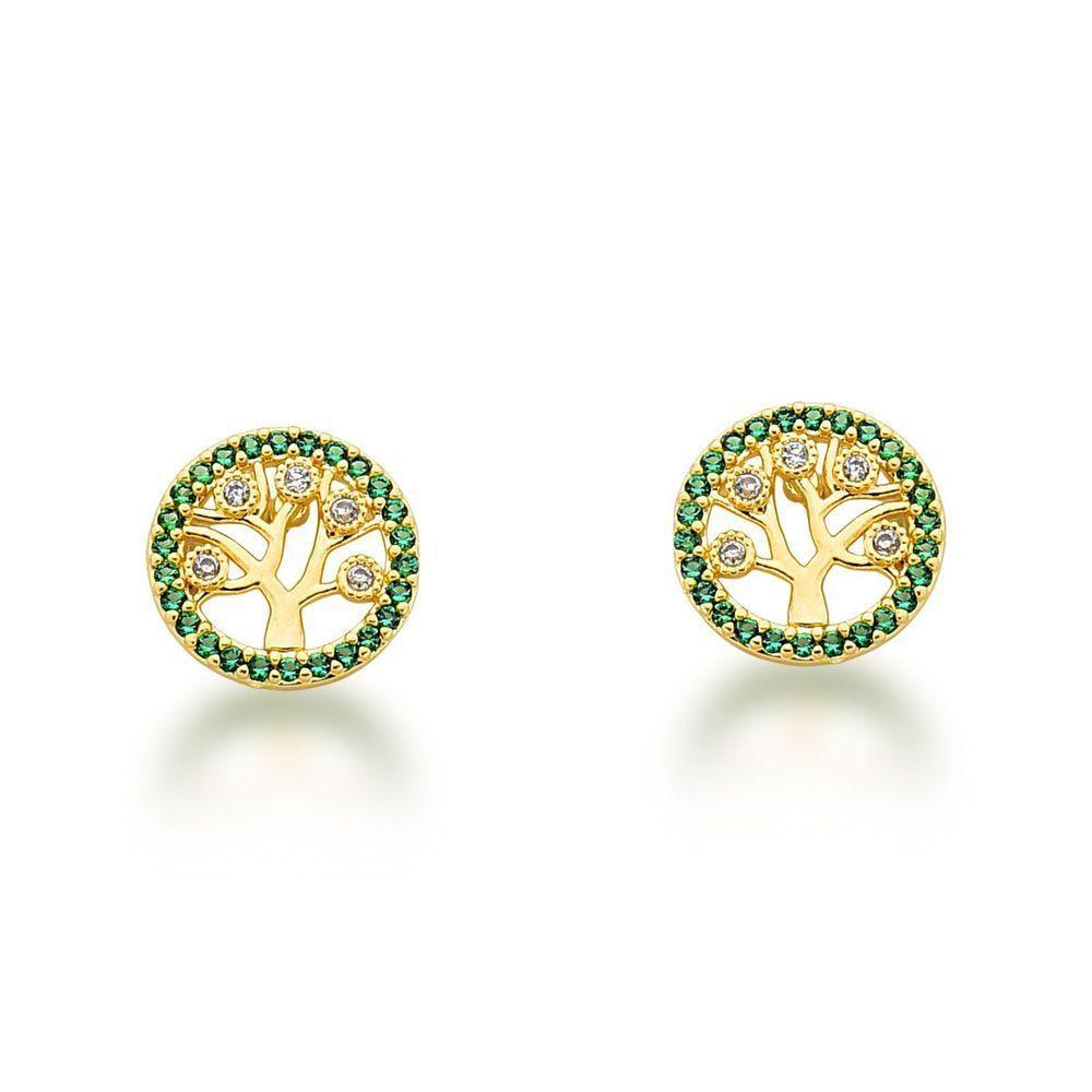 Conjunto Colar E Brincos Arvore Da Vida Verde Banhada A Ouro 18k - 45cm - 2