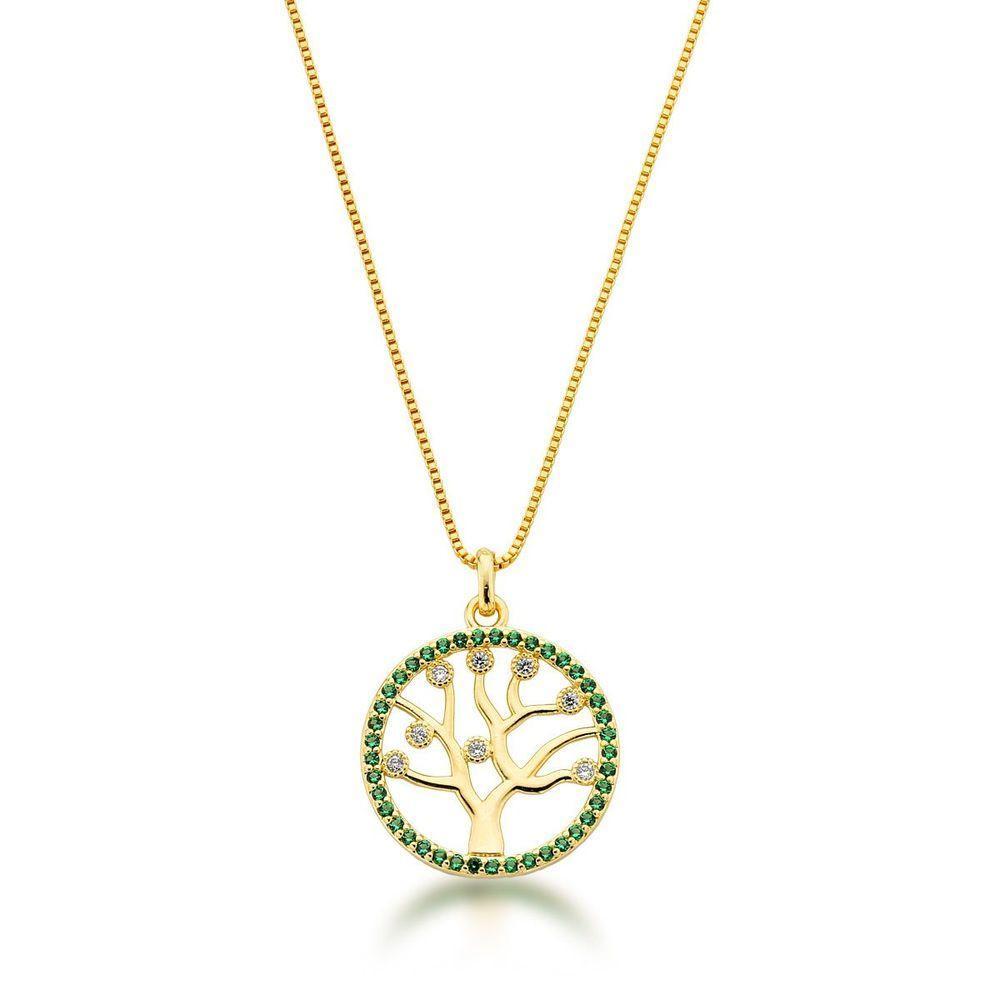 Conjunto Colar E Brincos Arvore Da Vida Verde Banhada A Ouro 18k - 45cm - 3