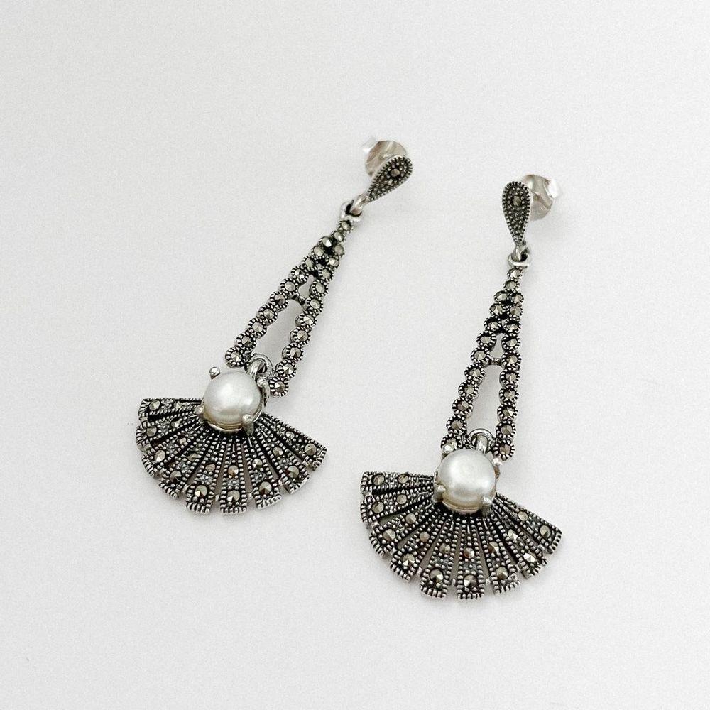 Brinco Pendente Com Pérola E Marcassitas Prata 925 - 5,4cm - 2