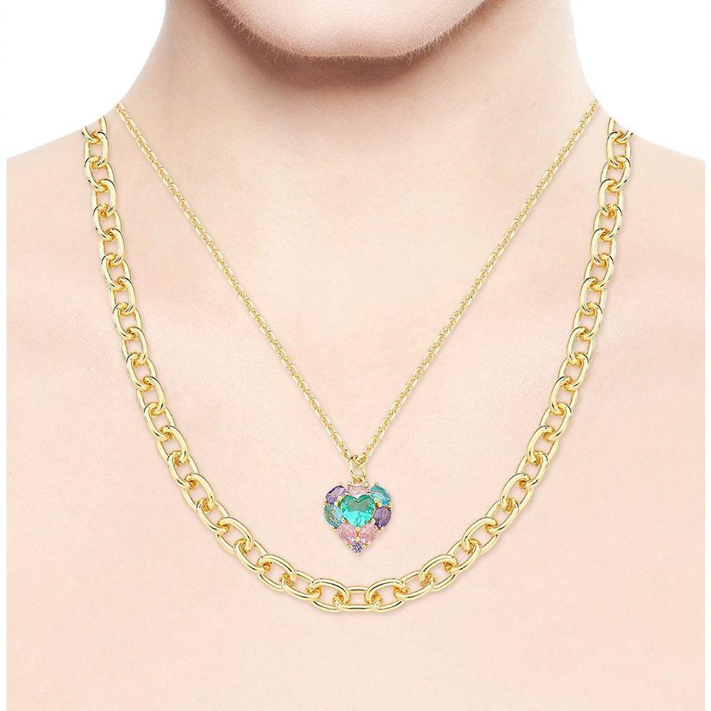 Colar Mix Correntes De Elos E Coração Colorido Banhado A Ouro 18k - 2