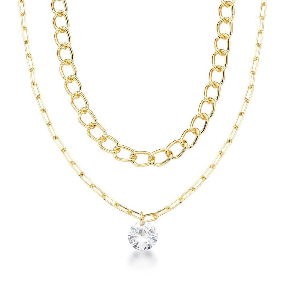 Colar Duplo Com Correntes De Elos E Zircônio Redondo Banhado A Ouro 18k - 1