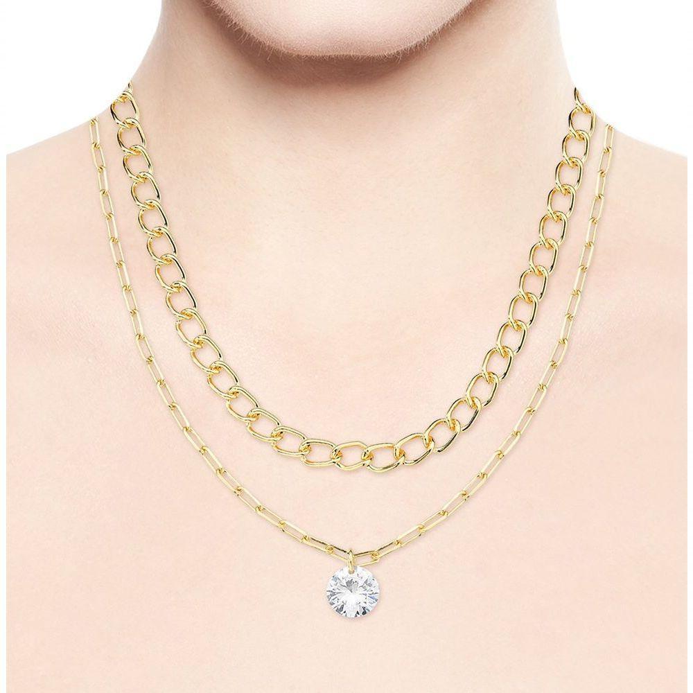 Colar Duplo Com Correntes De Elos E Zircônio Redondo Banhado A Ouro 18k - 2