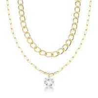 Colar Duplo Com Correntes De Elos E Zircônio Redondo Banhado A Ouro 18k - 1