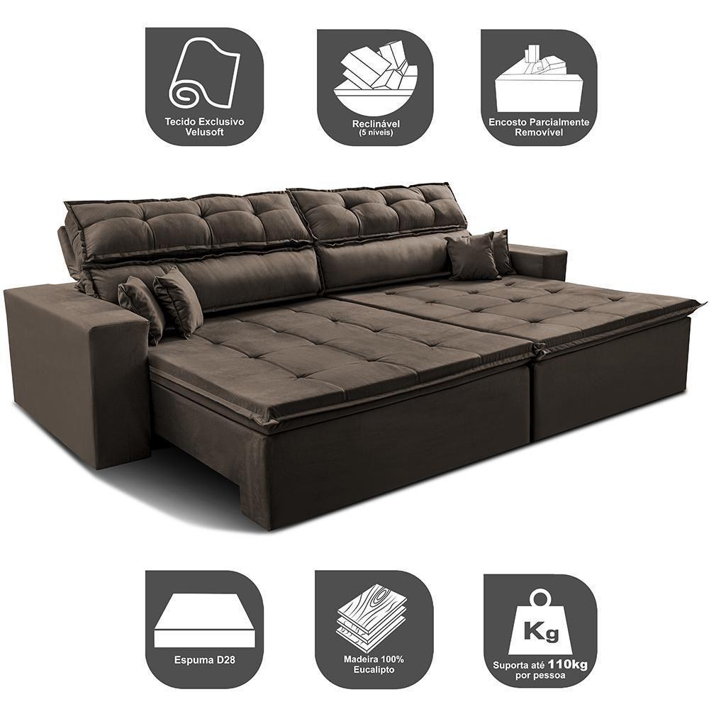Sofá Retrátil E Reclinável 2,32m Luxos Cama Inbox Velusoft Café - 10