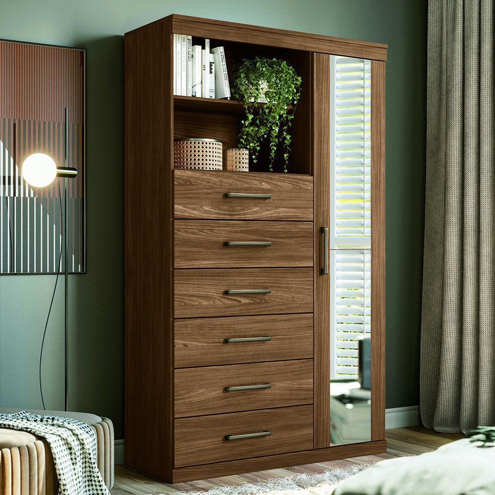 Cômoda Multiuso 1 Porta 6 Gavetas Com Espelho Marabá Santos Andirá Jatoba - 1