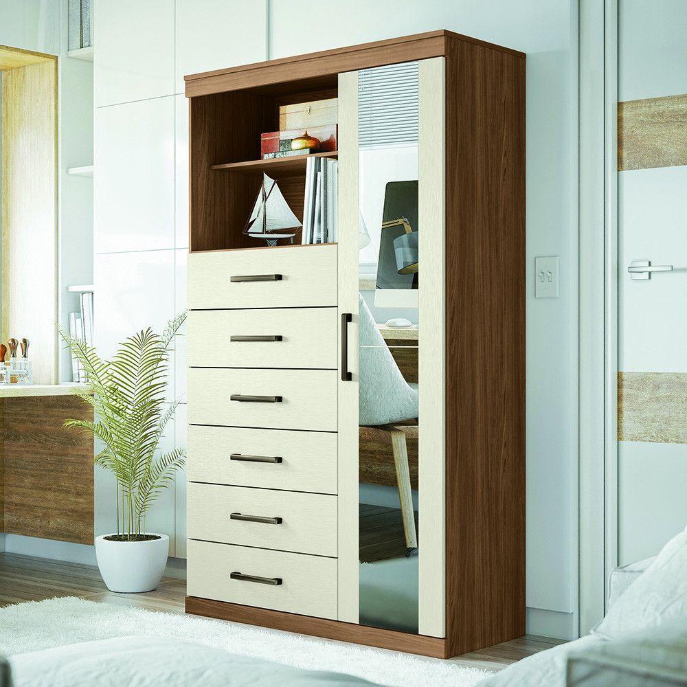 Cômoda Multiuso 1 Porta 6 Gavetas Com Espelho Marabá Santos Andirá Jatoba-areia - 1