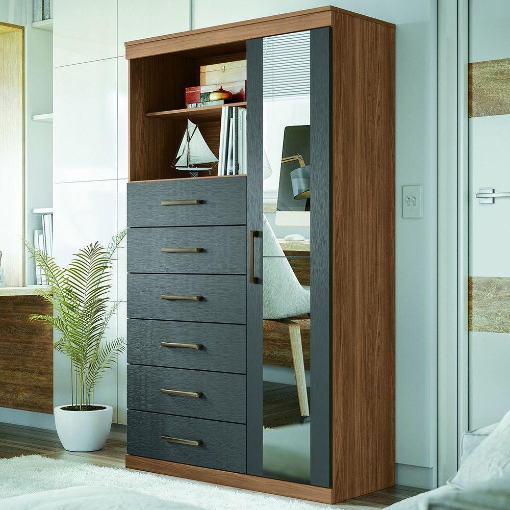 Cômoda Multiuso 1 Porta 6 Gavetas Com Espelho Marabá Santos Andirá Jatoba-grafitte - 1