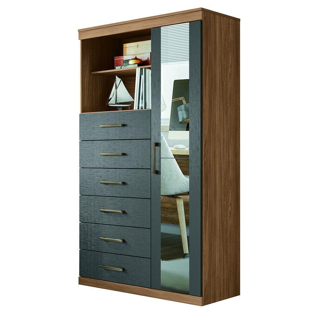 Cômoda Multiuso 1 Porta 6 Gavetas Com Espelho Marabá Santos Andirá Jatoba-grafitte - 4