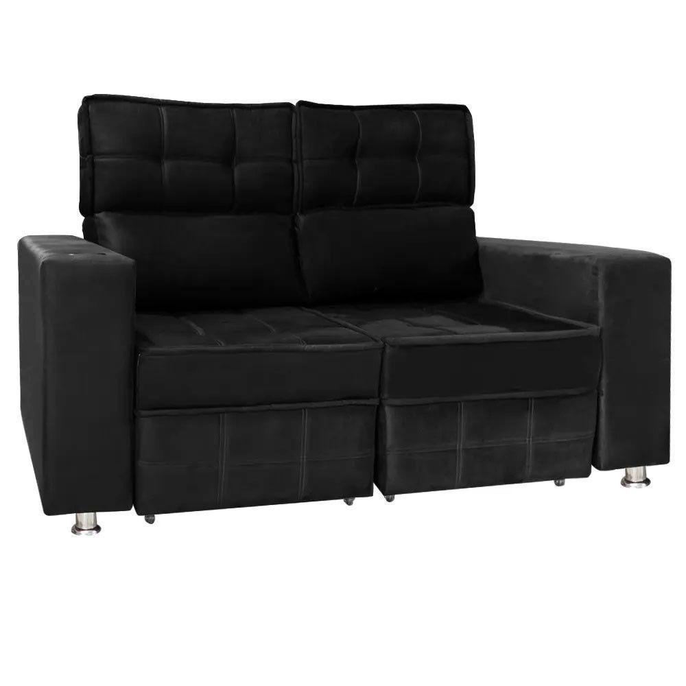 Sofá Retrátil E Reclinável 2 Lugares Londres 1.60cm Com Molas Veludo Speciale Home Preto - 1