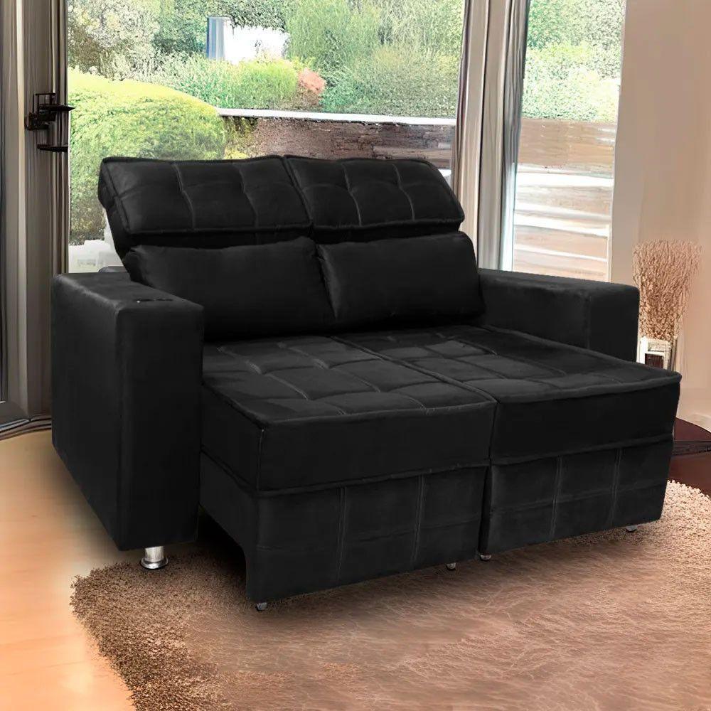 Sofá Retrátil E Reclinável 2 Lugares Londres 1.60cm Com Molas Veludo Speciale Home Preto - 2